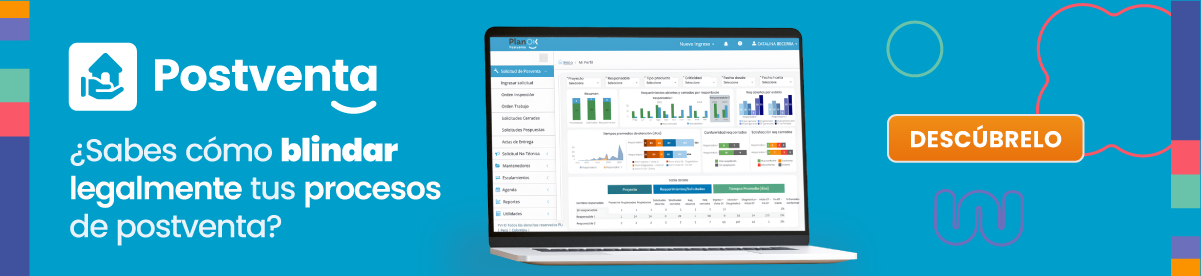 Plataforma de Postventa Inmobiliaria de PlanOK, mostrando su dashboard en una laptop