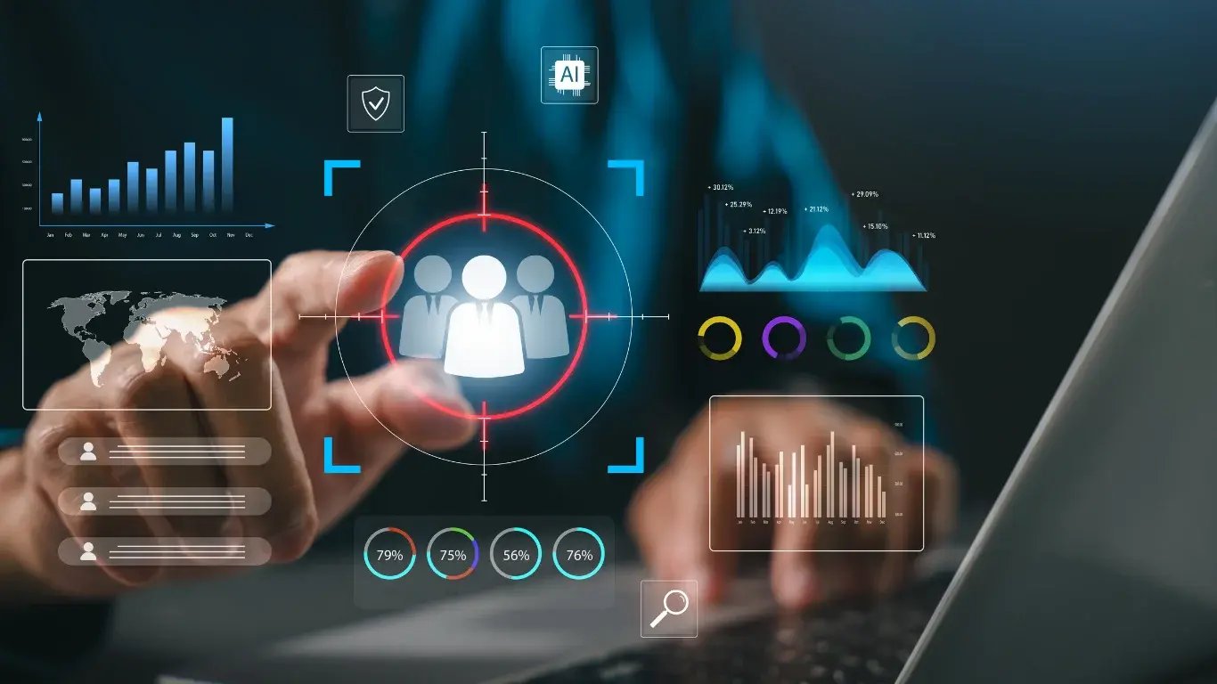 Interfaz holográfica de segmentación de leads y métricas de IA en una laptop conectada a un CRM inmobiliario.