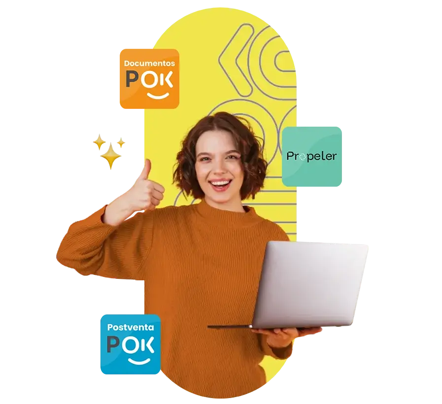 Mujer con laptop usando CRM con Inteligencia Artificial y herramientas PlanOK para la gestión y captación de leads inmobiliarios en Perú.