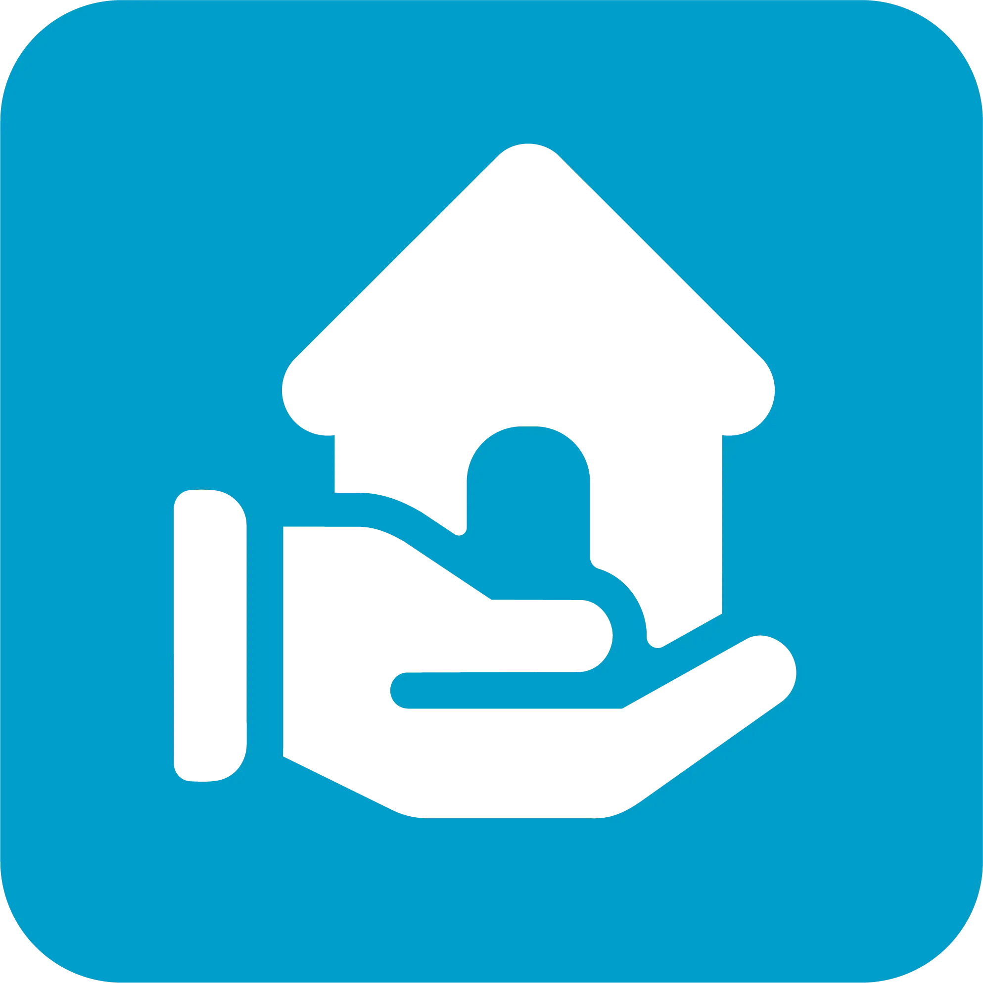 Icono blanco de una mano sosteniendo una casa sobre fondo azul, representante del módulo de postventa inmobiliaria.