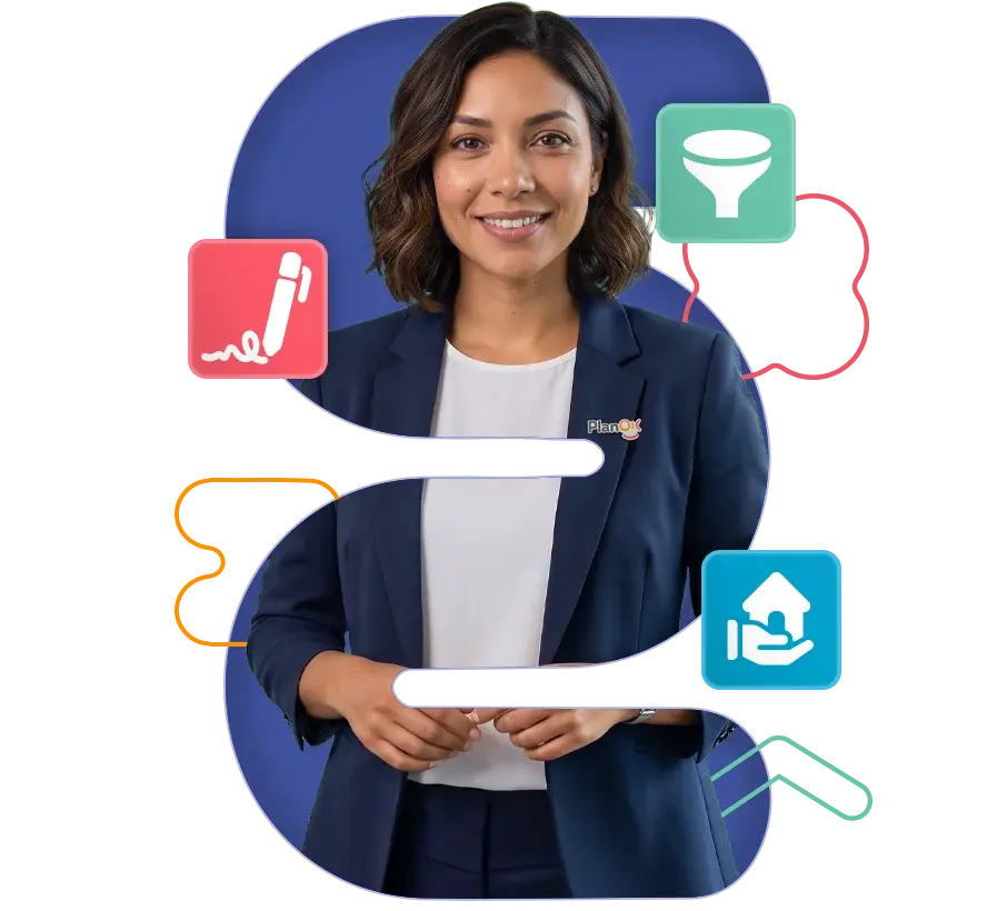 Asesora comercial rodeada de iconos de embudo de ventas, firma digital y gestion de clientes con CRM inmobiliario en Chile.