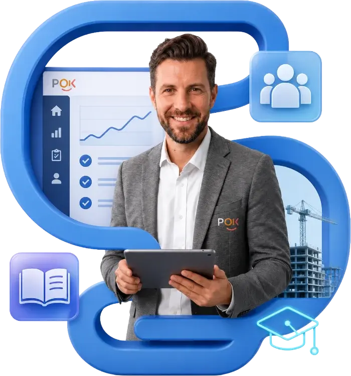 Ejecutivo sosteniendo una tablet junto a iconos de educacion y pantalla del software PlanOK.